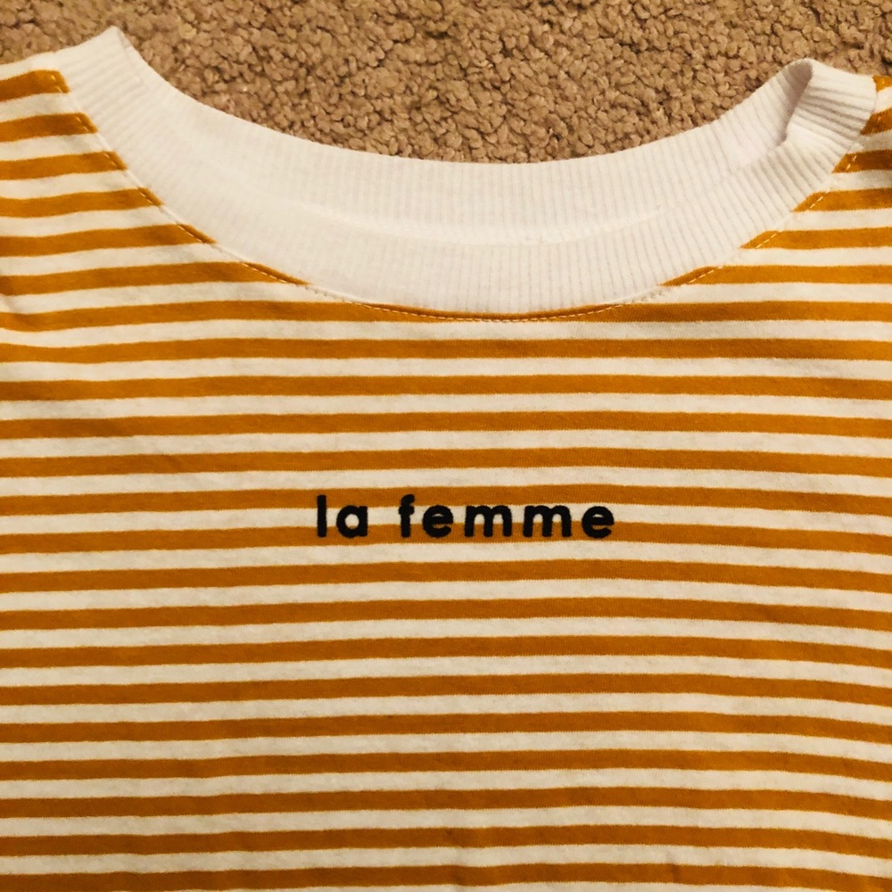 Striped Mustard Long Sleeve Tee “La Femme” graphic